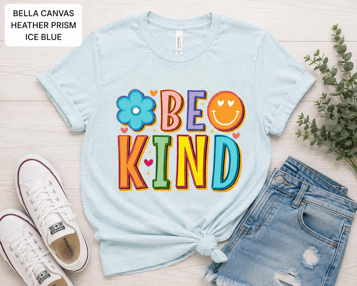 Be Kind Shirt, Retro Kindness Tee, Positive Vibes Shirt, Rainbow Smiley Graphic Tee