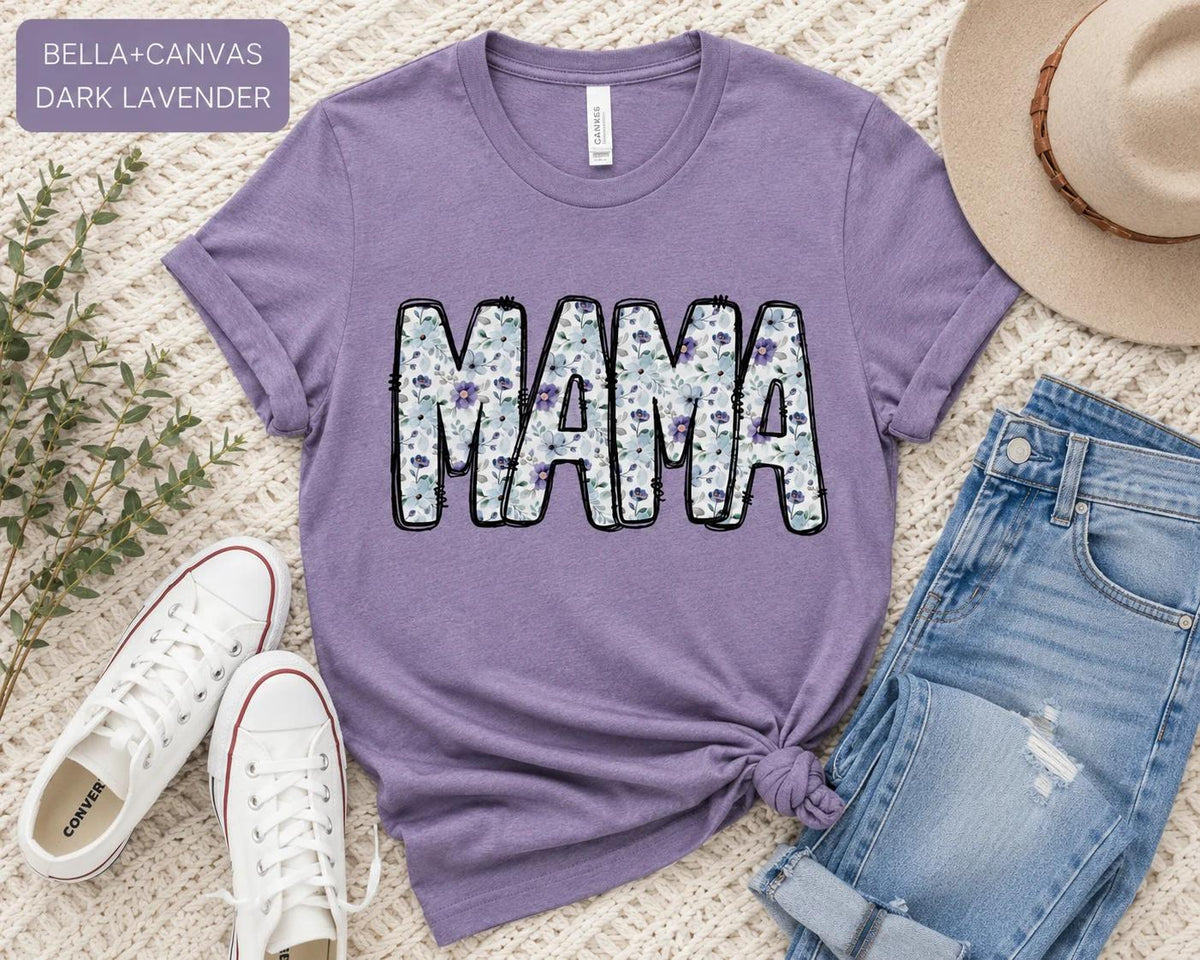 Floral Mama T-Shirt, Purple Blue Flower Letters, Bella Canvas Tee