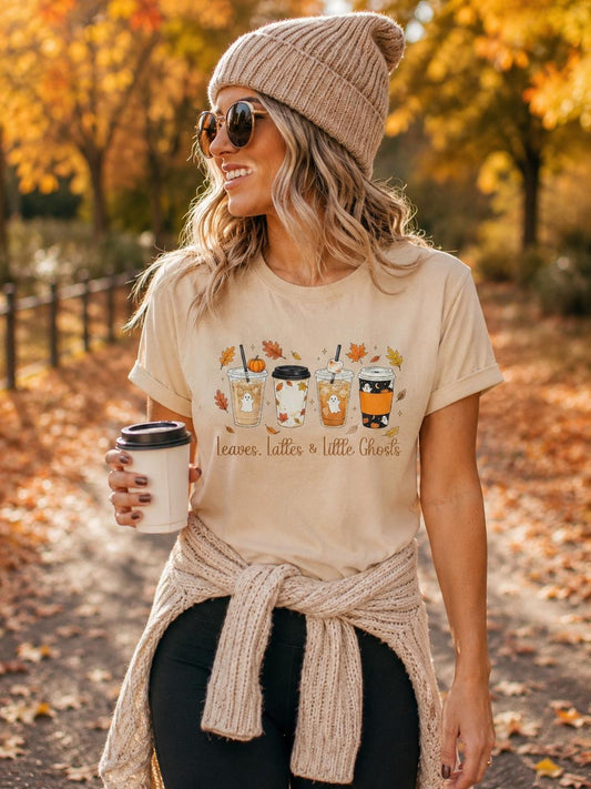 Leaves, Lattes & Little Ghosts Shirt, Cute Fall Coffee Shirt, Spooky Season Tee, Ghost Coffee Lover Shirt