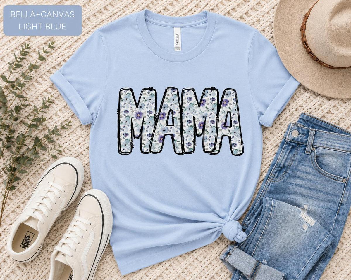 Floral Mama T-Shirt, Purple Blue Flower Letters, Bella Canvas Tee