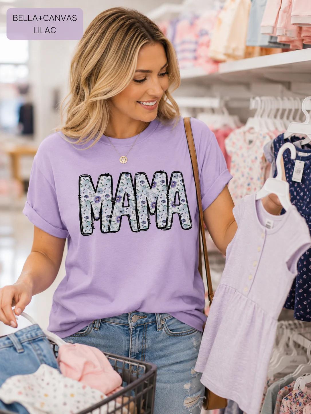 Floral Mama T-Shirt, Purple Blue Flower Letters, Bella Canvas Tee