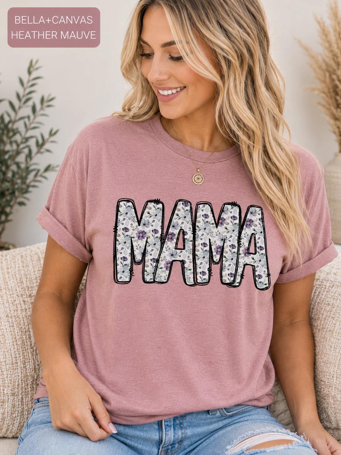 Floral Mama T-Shirt, Purple Blue Flower Letters, Bella Canvas Tee