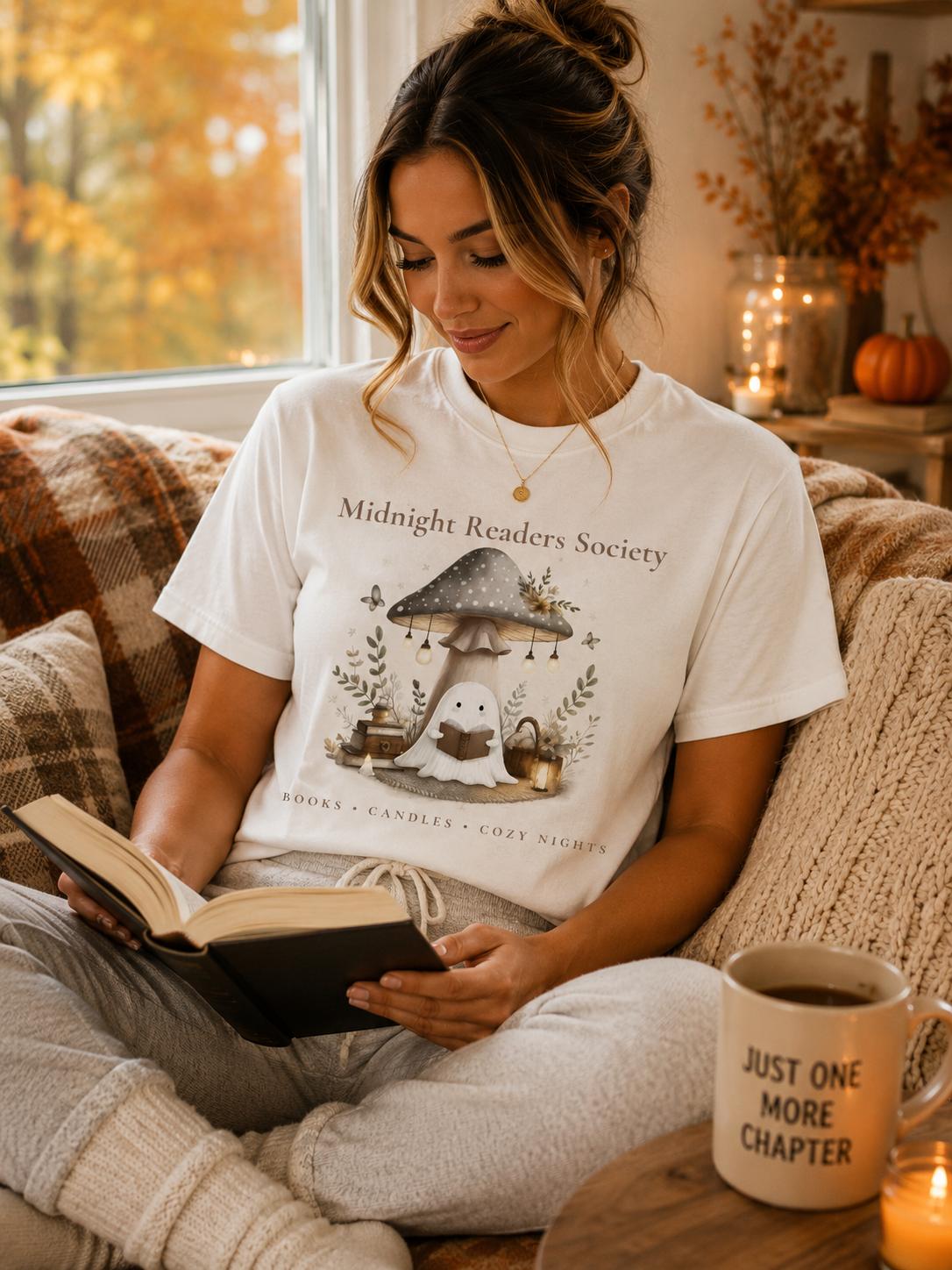 Ghost Book Lover Tee, Midnight Readers Society Shirt, Cozy Reading T-Shirt, Bookish Fall Tee, Book Club Gift for Women