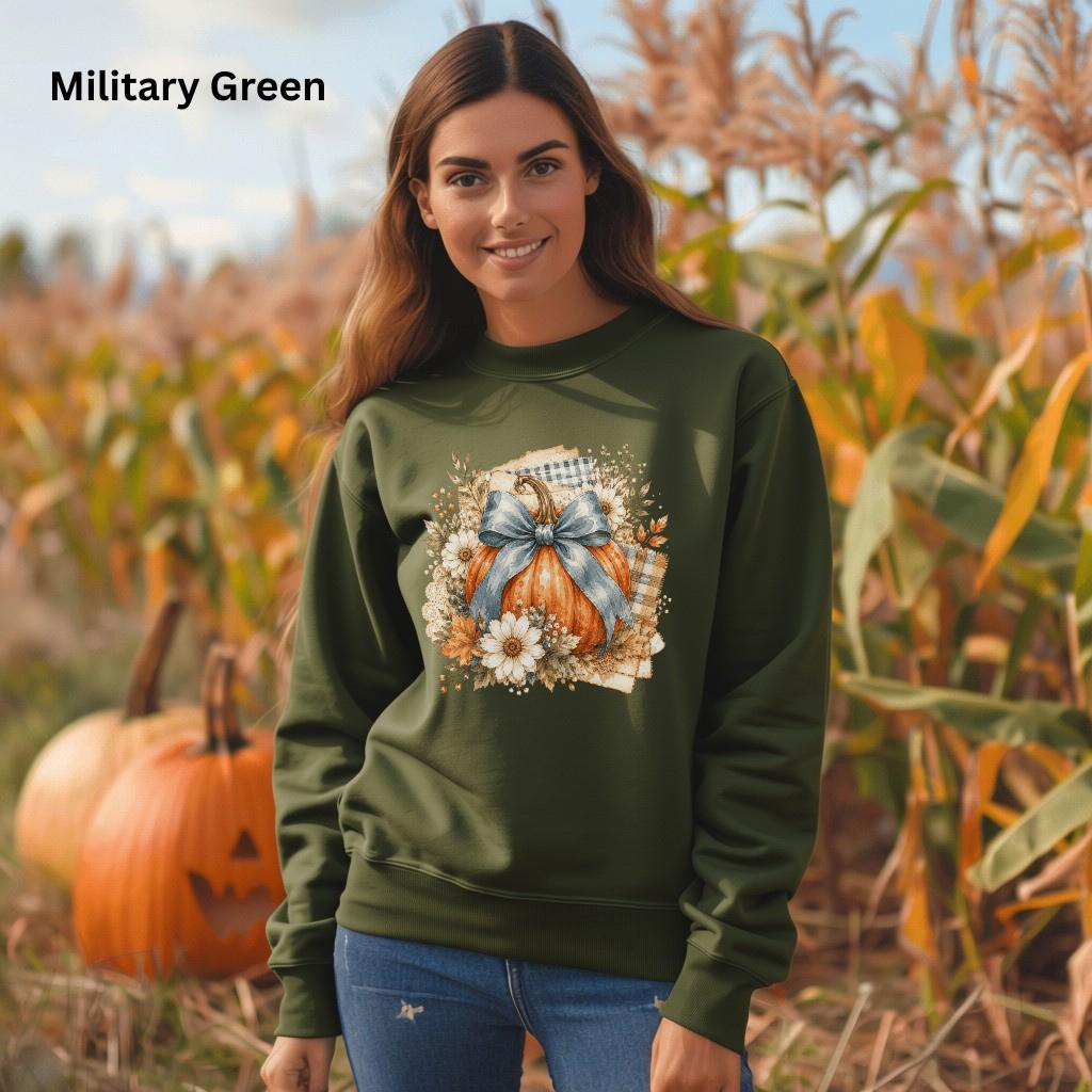 Blue Bow Pumpkin Sweatshirt, Fall Pumpkin Crewneck, Coquette Autumn Sweatshirt, Floral Pumpkin Sweatshirt, Cozy Fall Thanksgiving Crewneck
