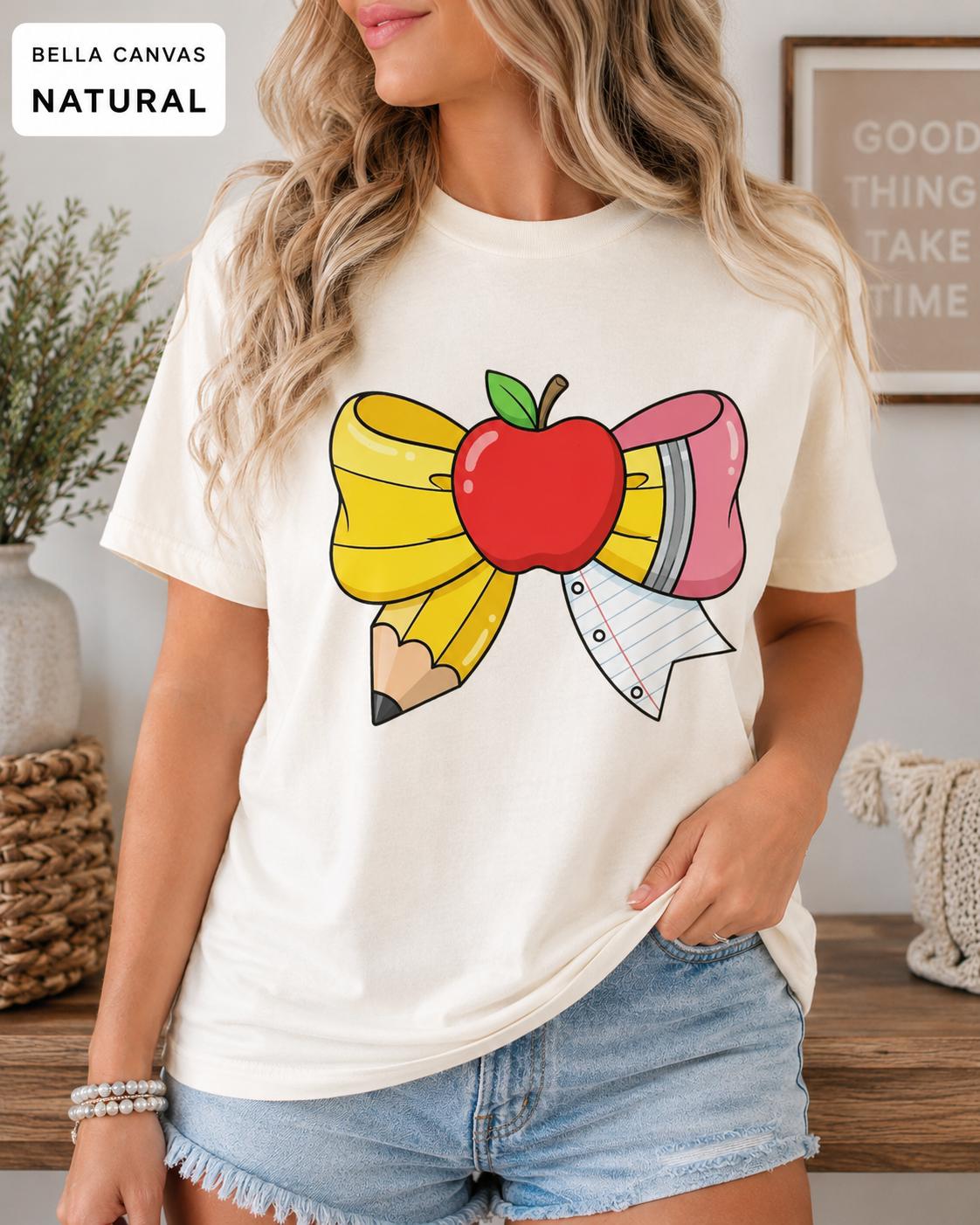 Teacher Apple Pencil Bow Shirt, Back to School Coquette Graphic Tee