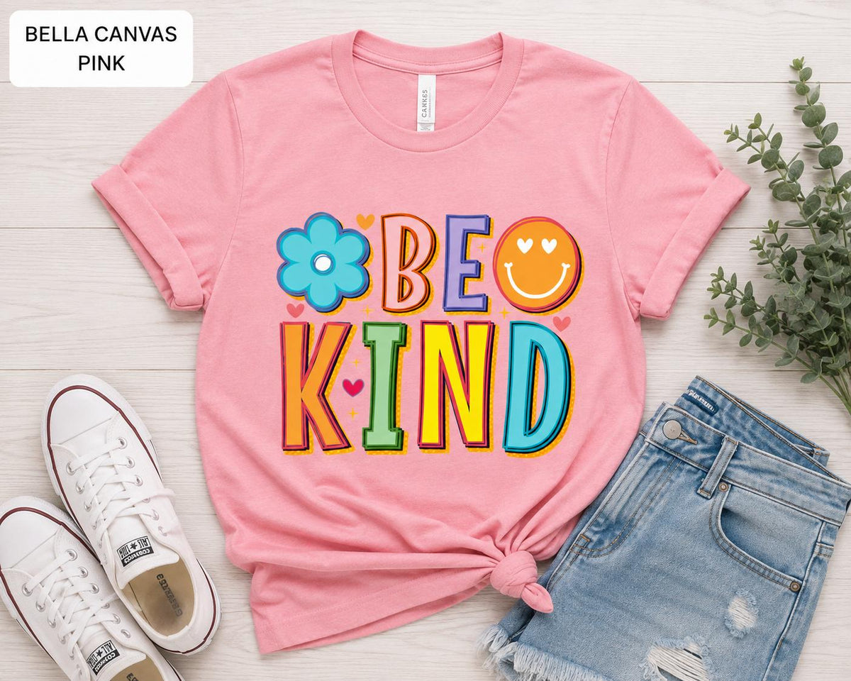 Be Kind Shirt, Retro Kindness Tee, Positive Vibes Shirt, Rainbow Smiley Graphic Tee
