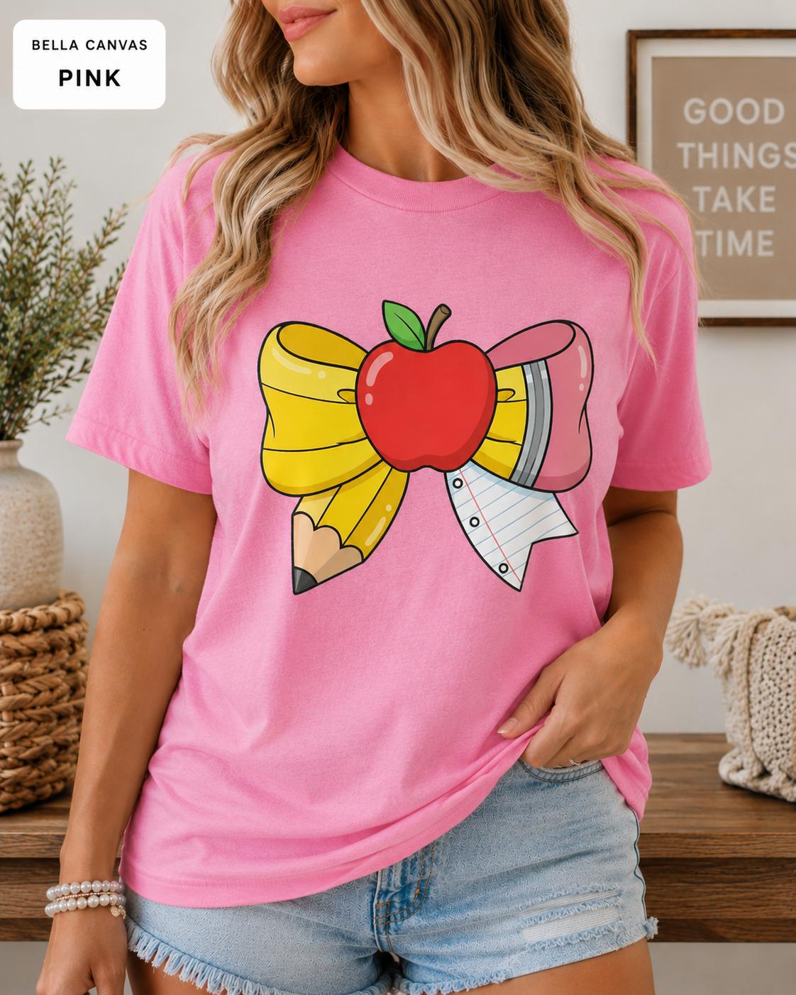 Teacher Apple Pencil Bow Shirt, Back to School Coquette Graphic Tee