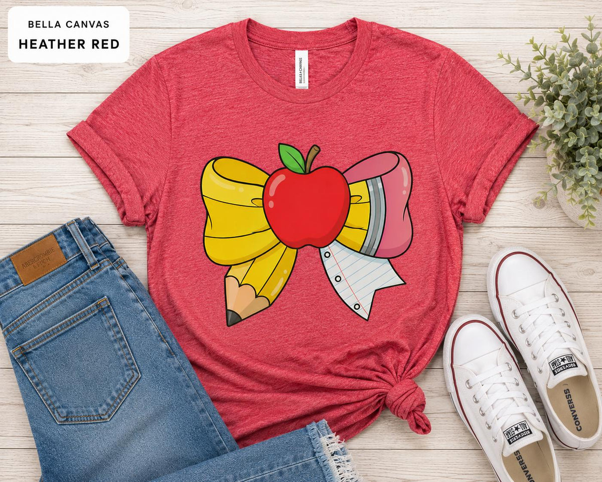 Teacher Apple Pencil Bow Shirt, Back to School Coquette Graphic Tee