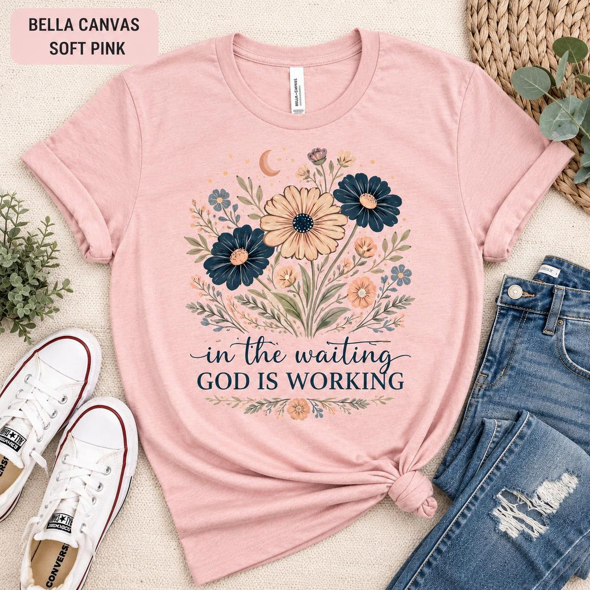 In The Waiting, God is Working Tee, Trendy Christian TShirt