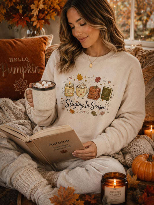 Staying in Season Sweatshirt, Cozy Fall Sweatshirt, Book Lover Crewneck, Autumn Graphic Sweatshirt, Pumpkin Spice Sweatshirt