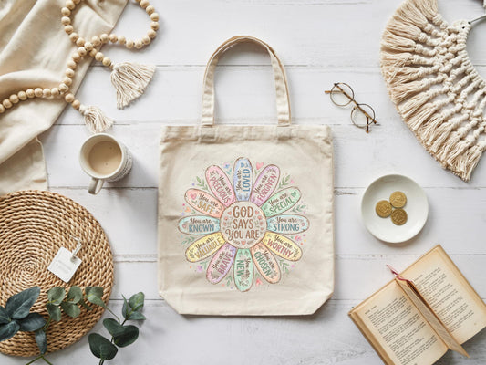God Says You Are Christian Daisy Affirmation Tote Bag