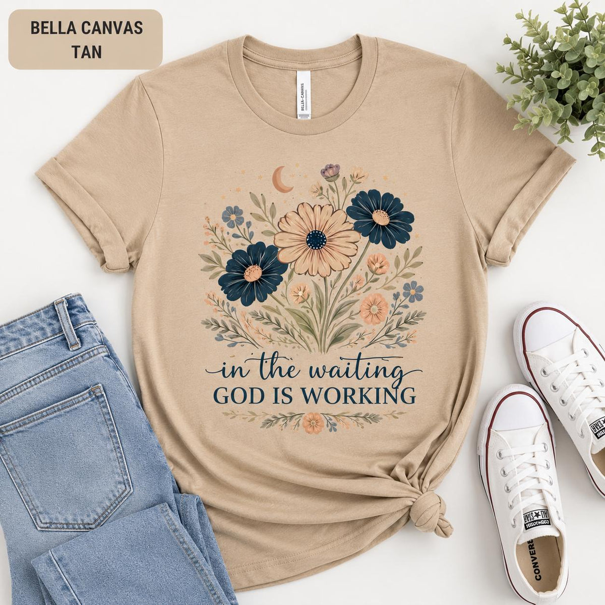 In The Waiting, God is Working Tee, Trendy Christian TShirt