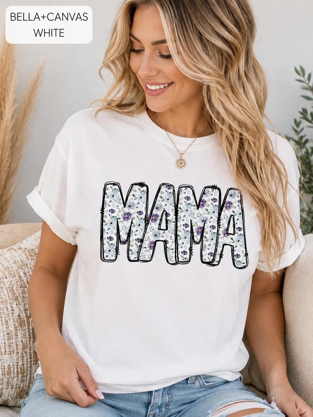 Floral Mama T-Shirt, Purple Blue Flower Letters, Bella Canvas Tee