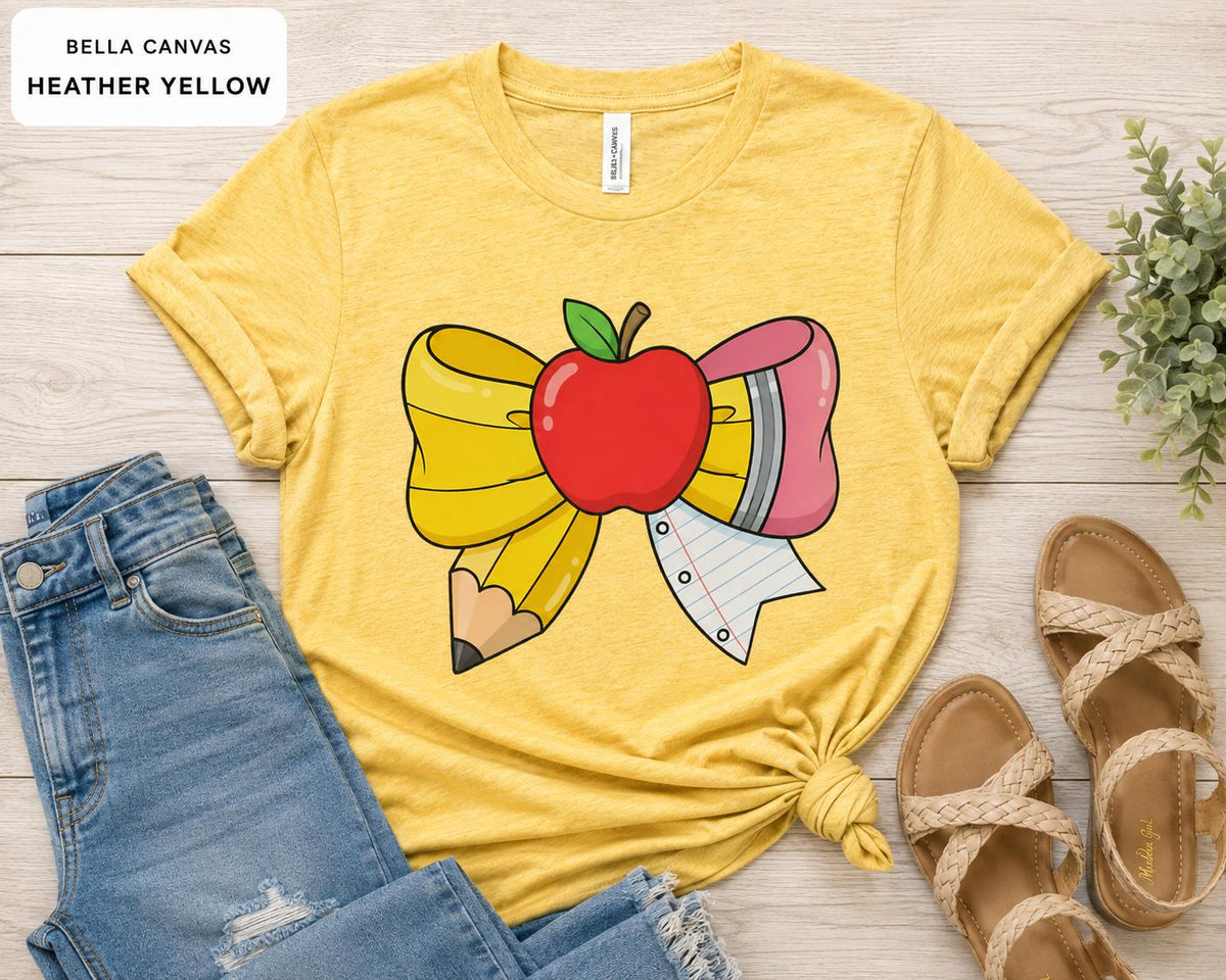 Teacher Apple Pencil Bow Shirt, Back to School Coquette Graphic Tee
